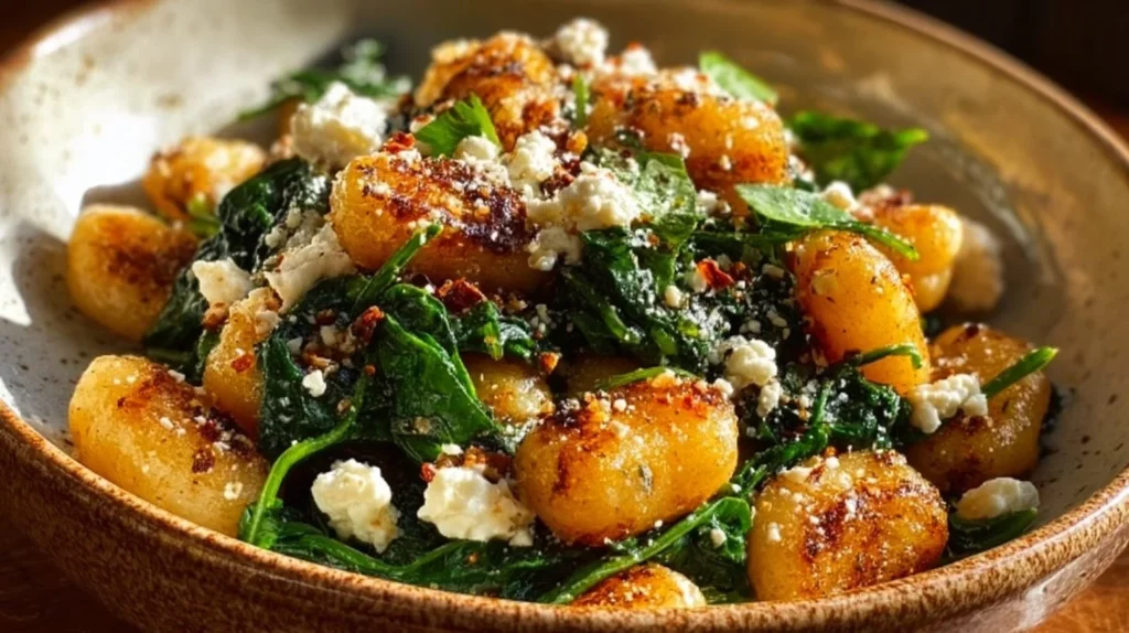 Creamy gnocchi dish topped with spinach and feta cheese