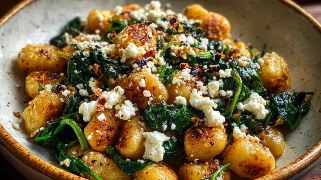 Creamy gnocchi served with spinach and feta cheese in a bowl