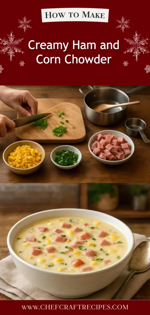 Bowl of creamy ham and corn chowder topped with fresh herbs