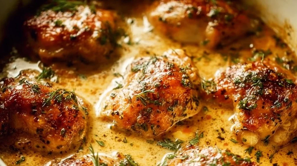 Creamy oven baked chicken thighs ready to serve