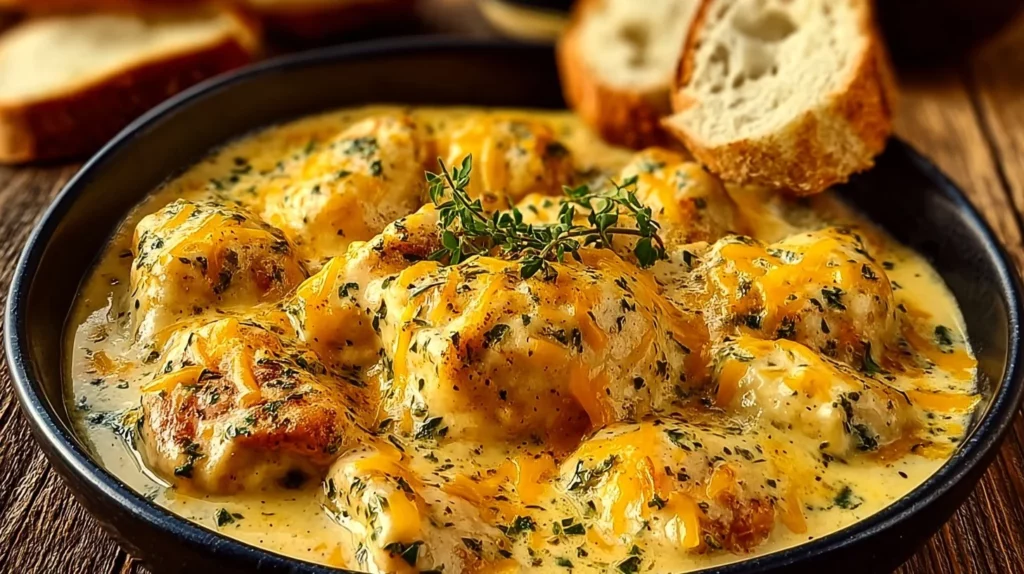 Creamy Ranch Chicken in a crockpot with fresh herbs and spices