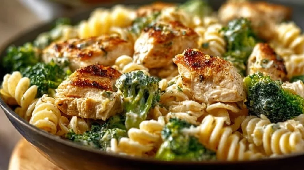 Creamy rotisserie chicken broccoli pasta dish served in a bowl