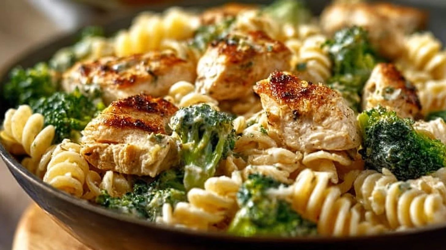 Creamy rotisserie chicken broccoli pasta dish served in a bowl