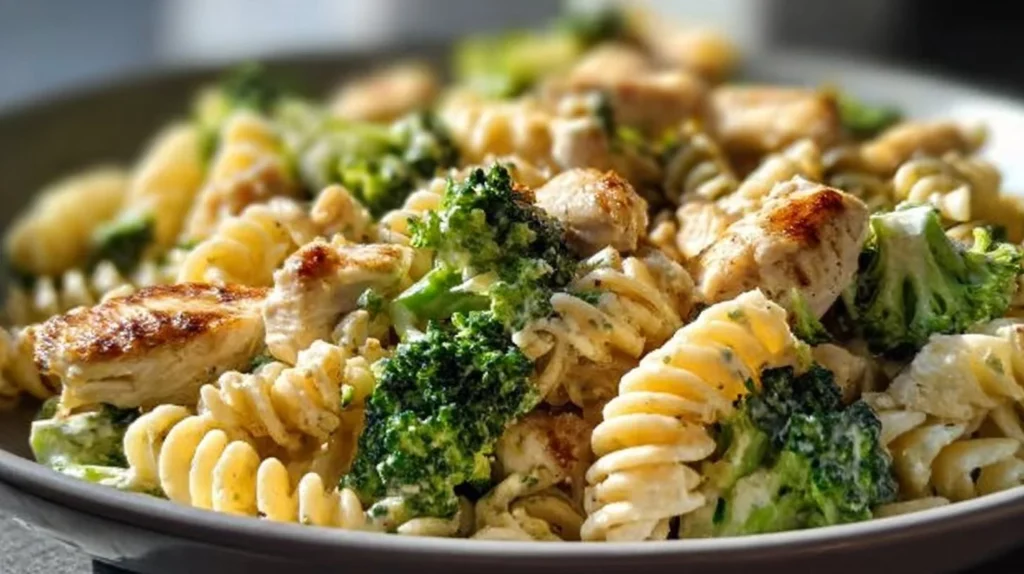 Creamy rotisserie chicken pasta with broccoli in a bowl