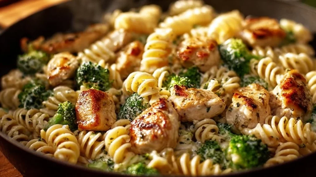 Creamy rotisserie chicken broccoli pasta dish served in a bowl