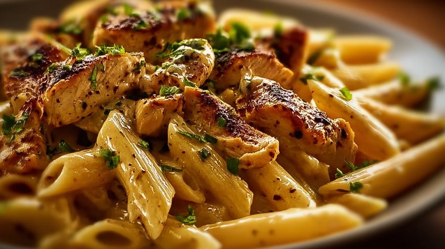 Creamy rotisserie chicken pasta served in a bowl with a garnish