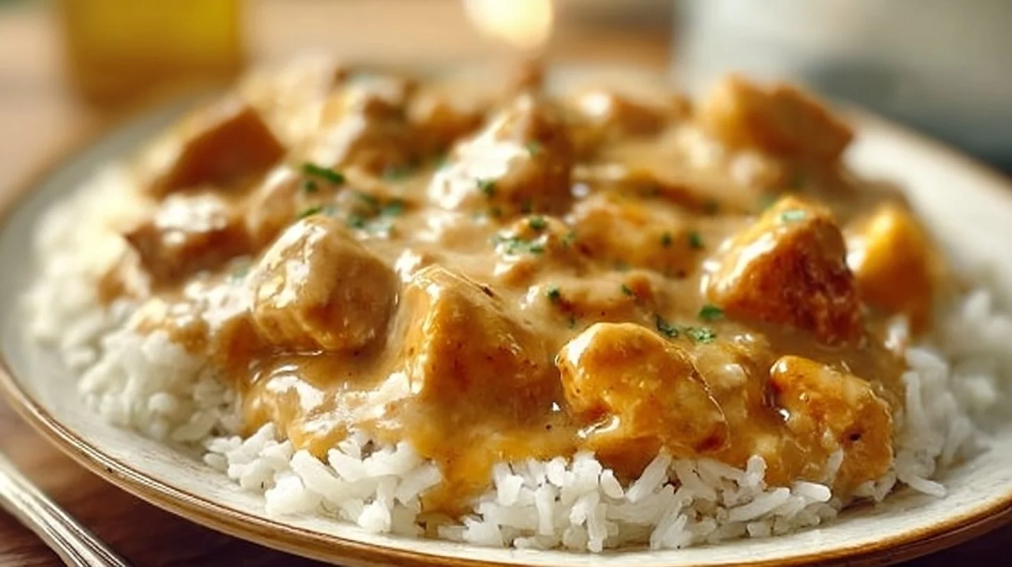 Creamy smothered chicken served over rice, a comforting and flavorful dish.