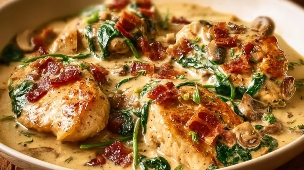 Creamy Tuscan Chicken served on a plate with herbs and vegetables.