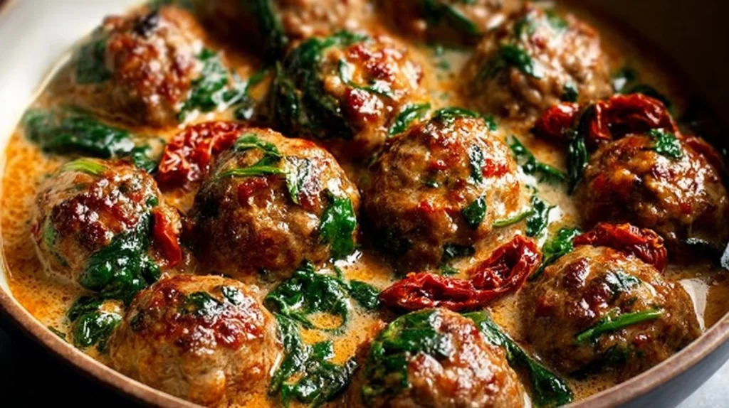 Creamy Tuscan low carb meatballs served with fresh herbs and sauce