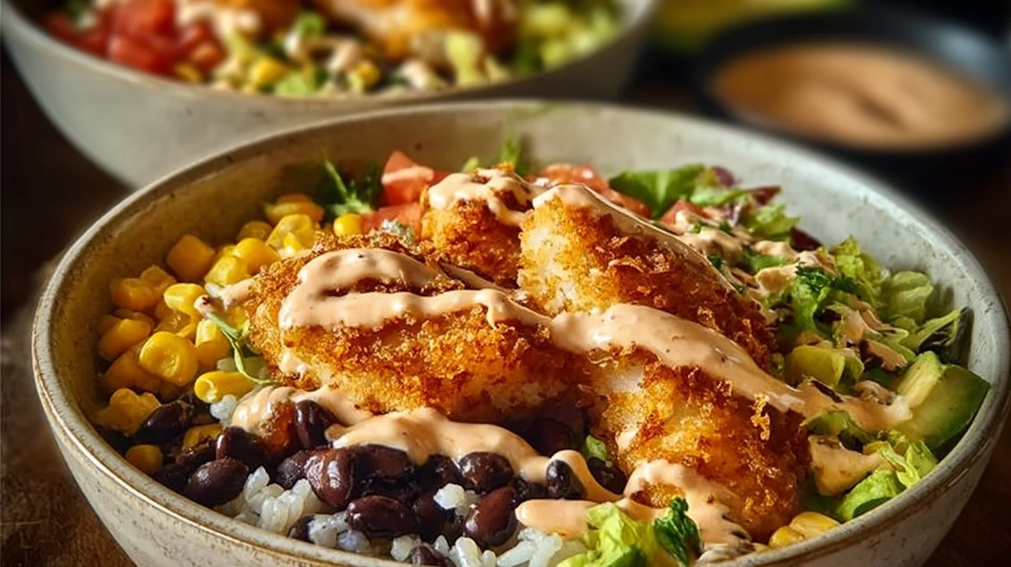 Crispy fish taco bowls topped with fresh ingredients and served in a vibrant bowl.