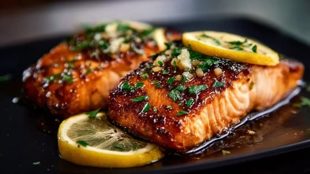 Crispy honey garlic glazed salmon served on a plate with garnish