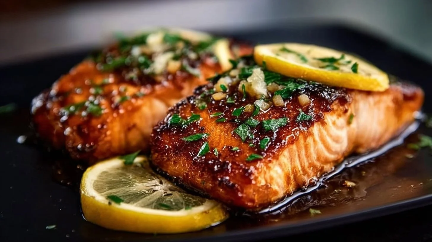 Crispy honey garlic glazed salmon served on a plate with garnish