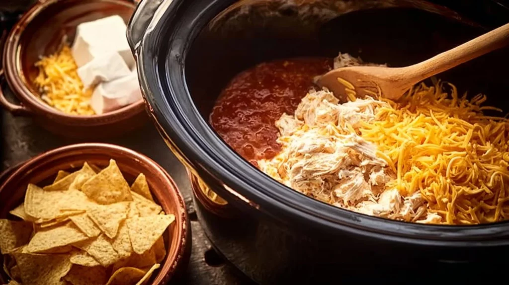 Delicious Crock Pot Buffalo Chicken Dip served in a dish with tortilla chips