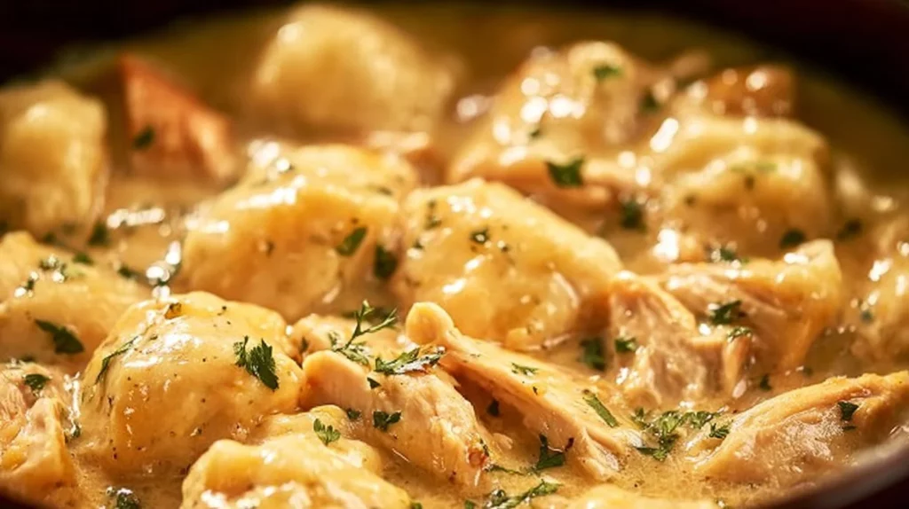 Delicious Crock Pot chicken and dumplings in a bowl