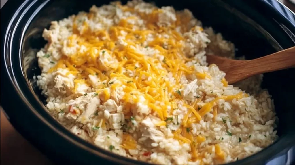 Crock Pot chicken and rice served in a bowl with herbs and vegetables