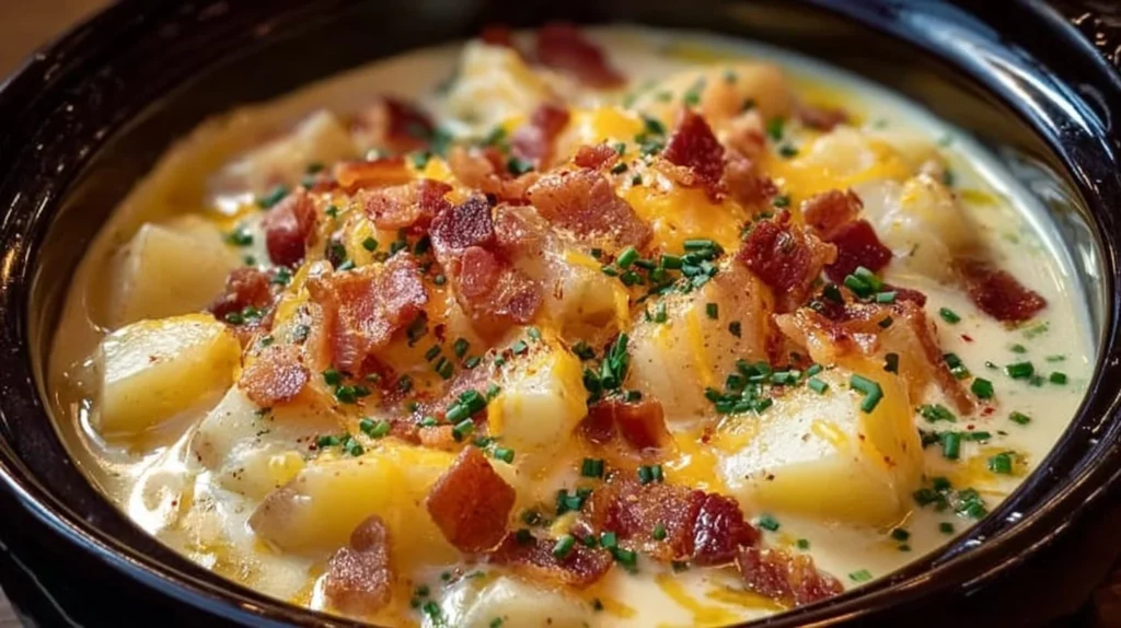 Creamy Crock Pot Crack Potato Soup served in a bowl with toppings