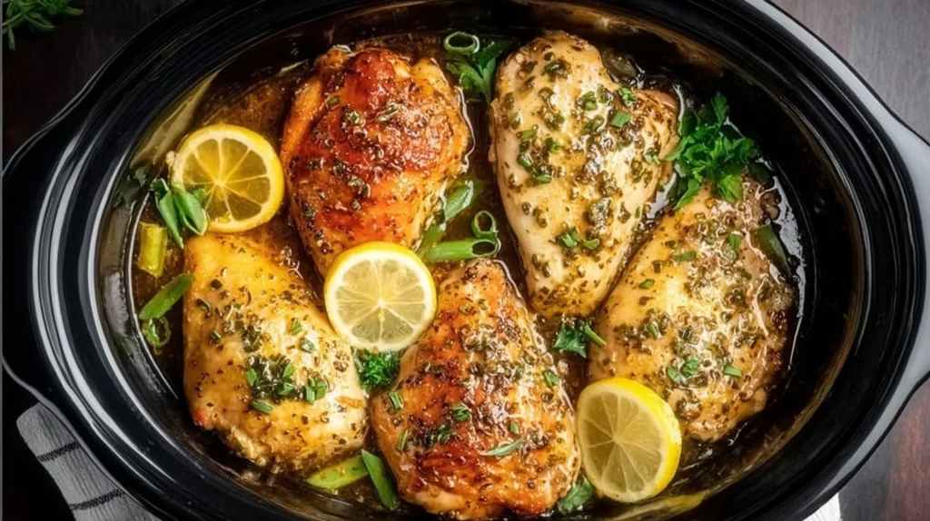 Crockpot chicken breast served on a plate with herbs and vegetables