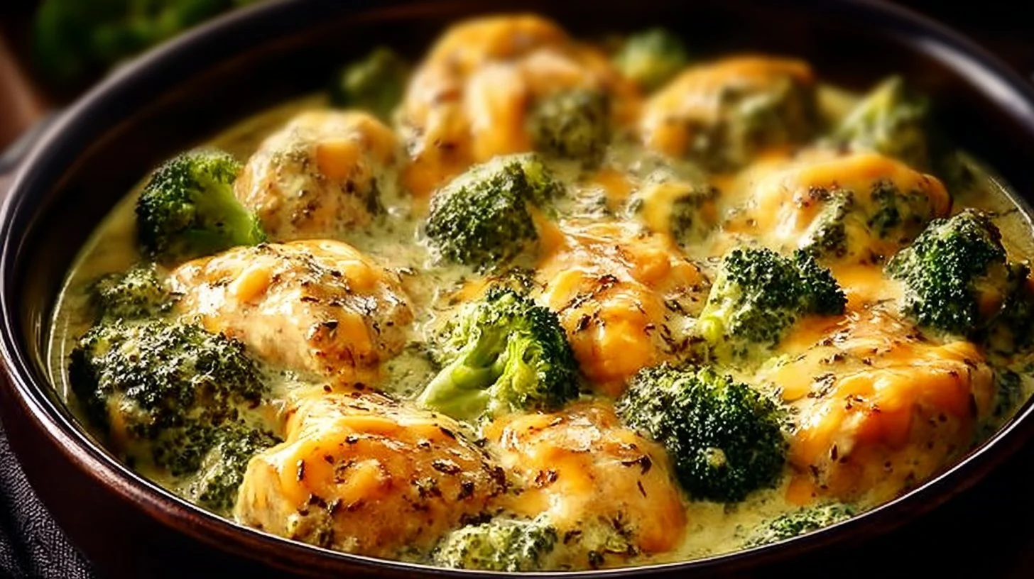 Crockpot Creamy Broccoli Cheddar Chicken served in a bowl with fresh broccoli