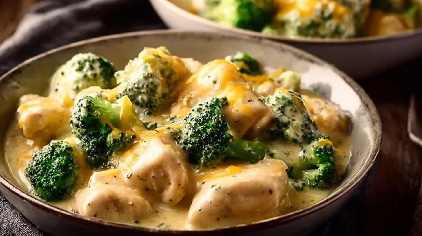 Crockpot creamy broccoli cheddar chicken dish served in a bowl