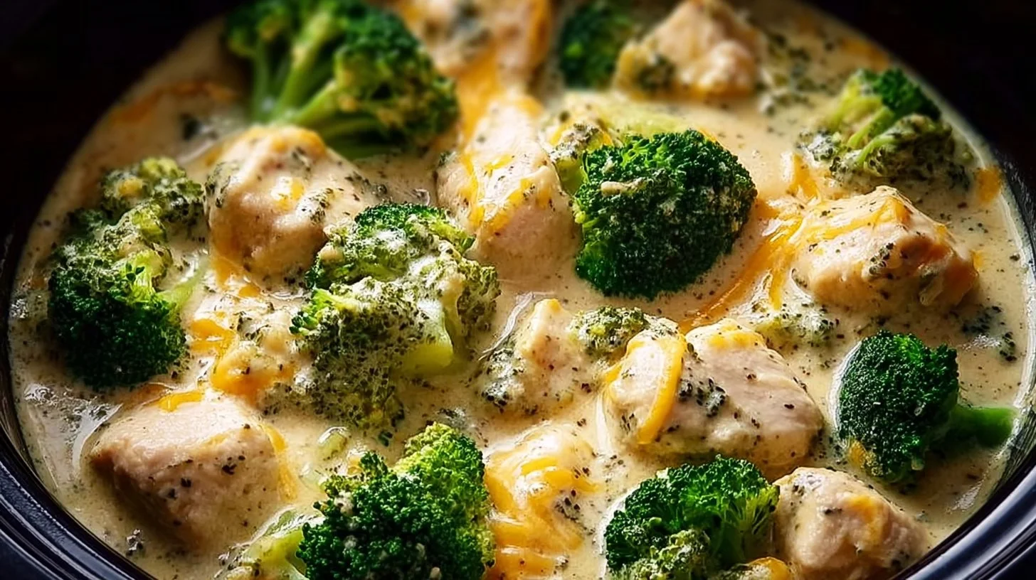 Delicious bowl of crockpot creamy broccoli cheddar chicken with fresh greens