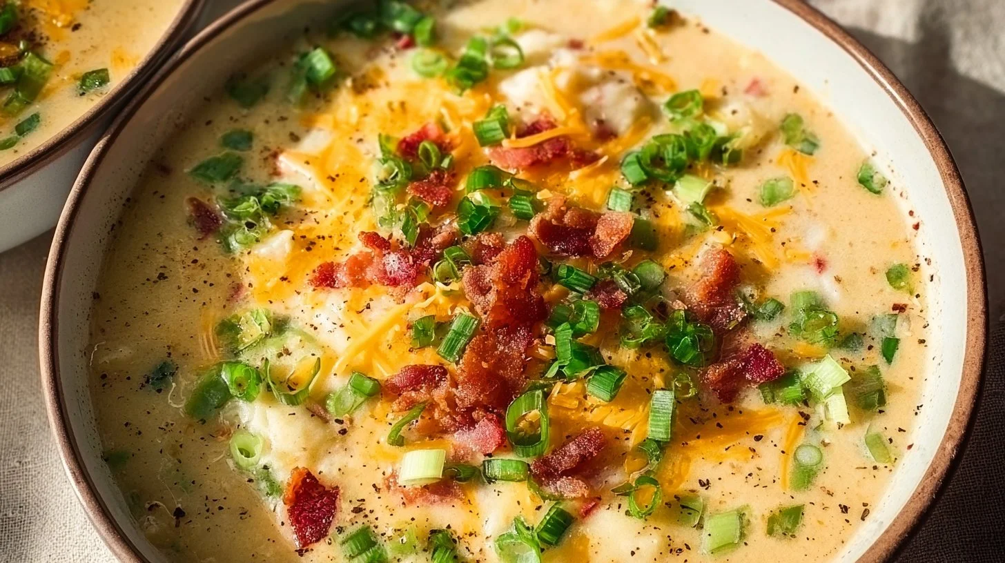 A bowl of creamy Crockpot Potato Soup topped with chives and croutons.