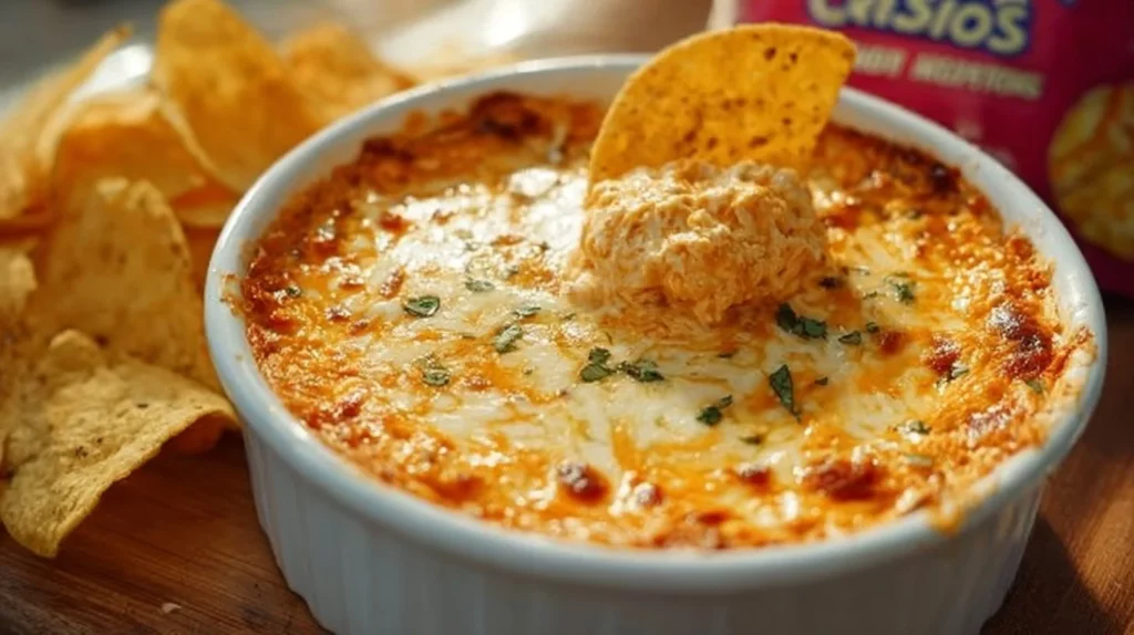 A creamy Buffalo Chicken Dip served in a dish with tortilla chips.