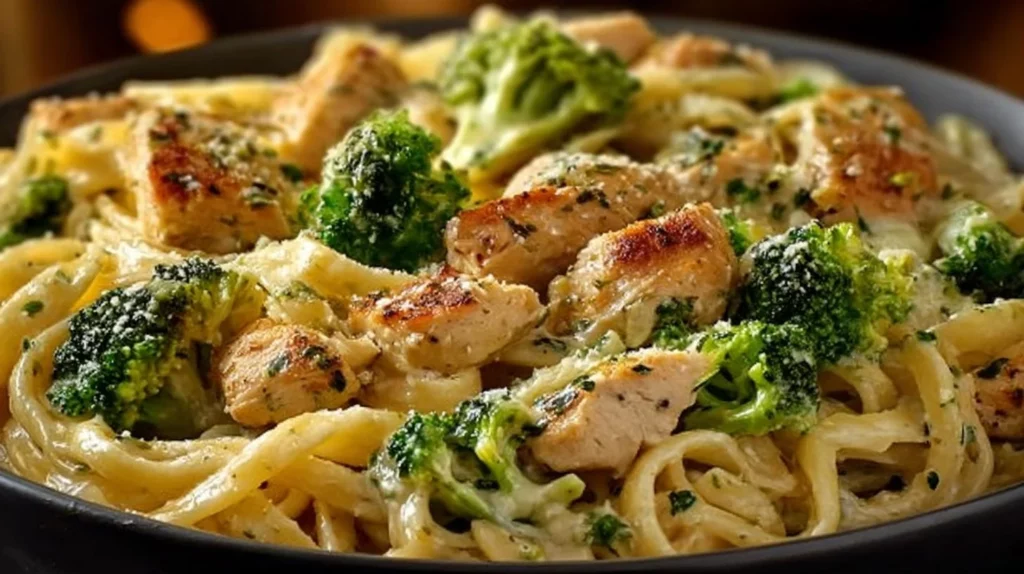 Easy Cheesy Rotisserie Chicken Broccoli Pasta dish featuring creamy sauce and broccoli