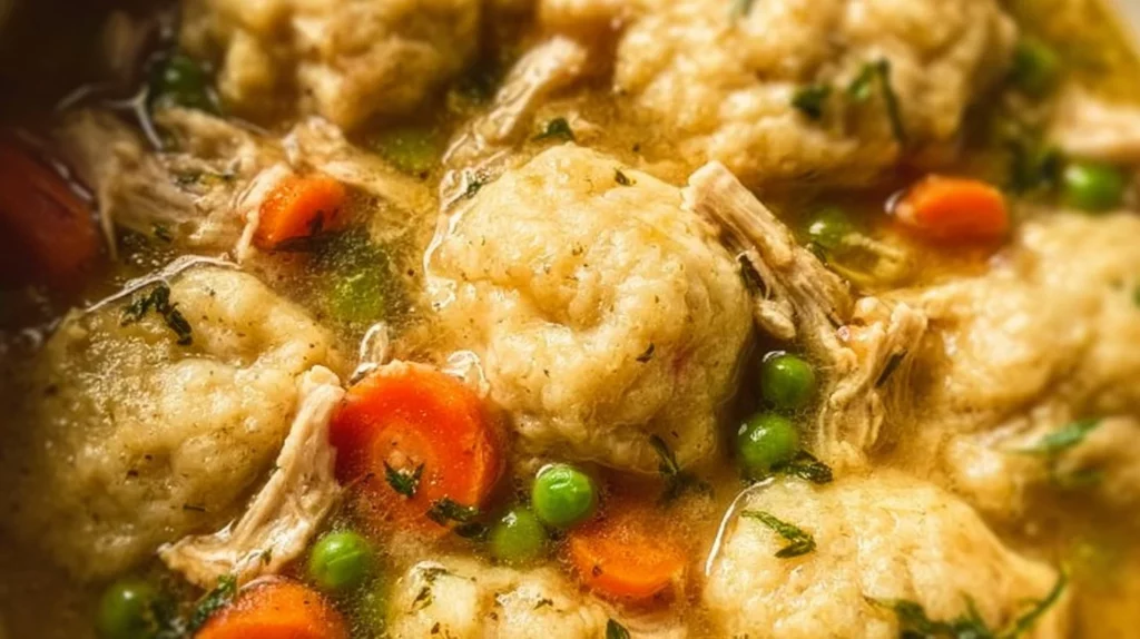Bowl of easy chicken and dumplings with herbs and spices