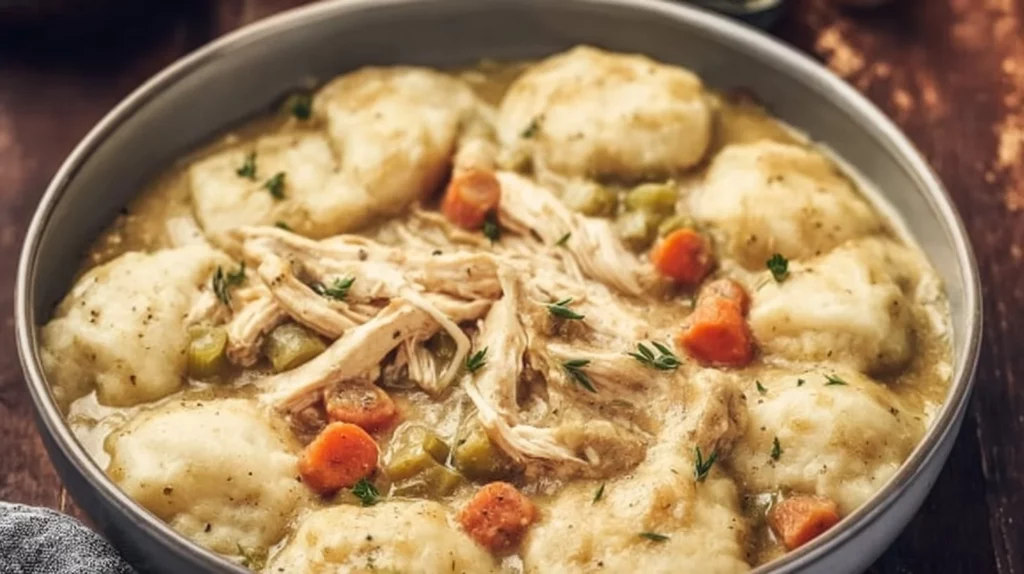 Easy chicken and dumplings with biscuits served in a bowl.