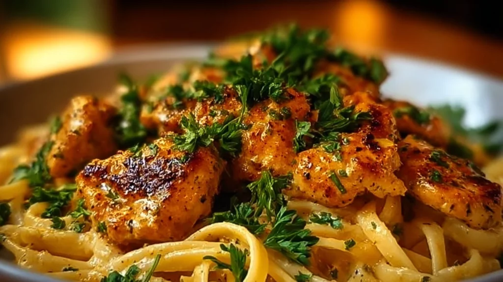 A plate of Cowboy Butter Chicken Linguine garnished with parsley.
