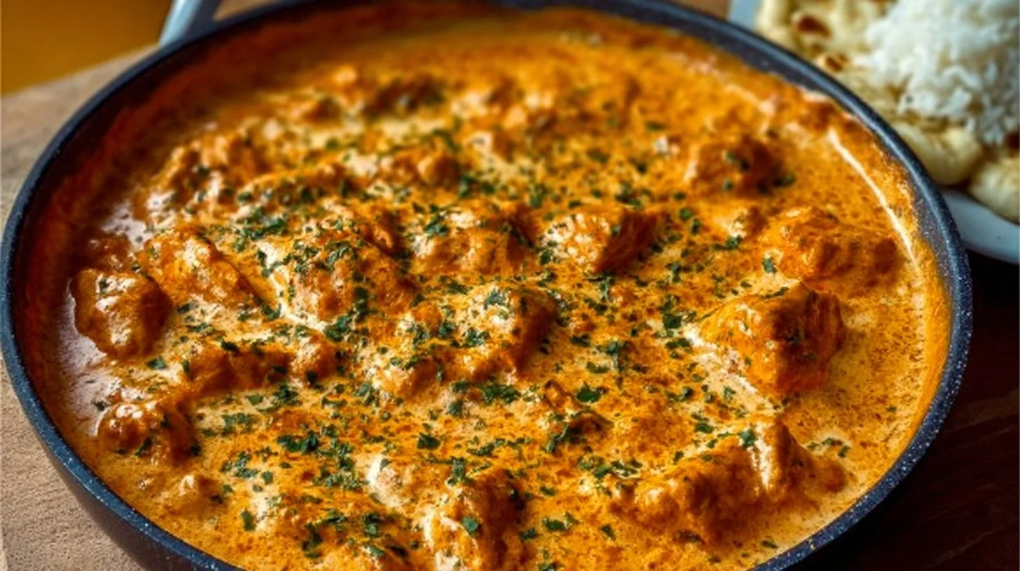 Delicious homemade butter chicken served with rice and garnished with cilantro.