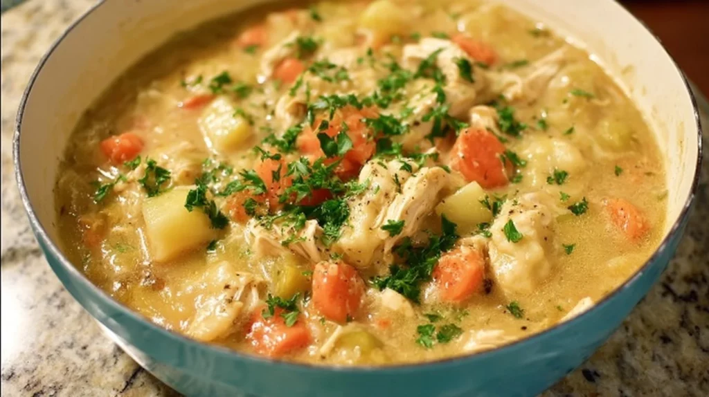 Bowl of easy homemade chicken and dumplings on a rustic table