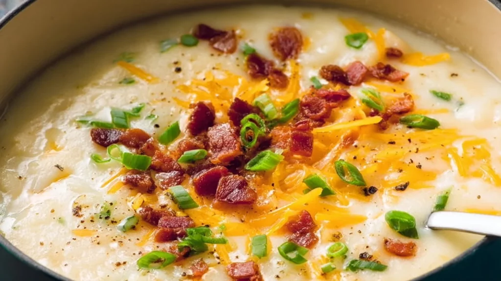 Bowl of easy loaded potato soup topped with cheese and bacon