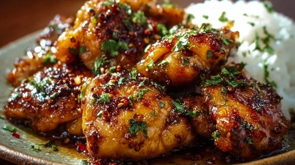 Delicious soy garlic chicken thighs served with vegetables on a plate