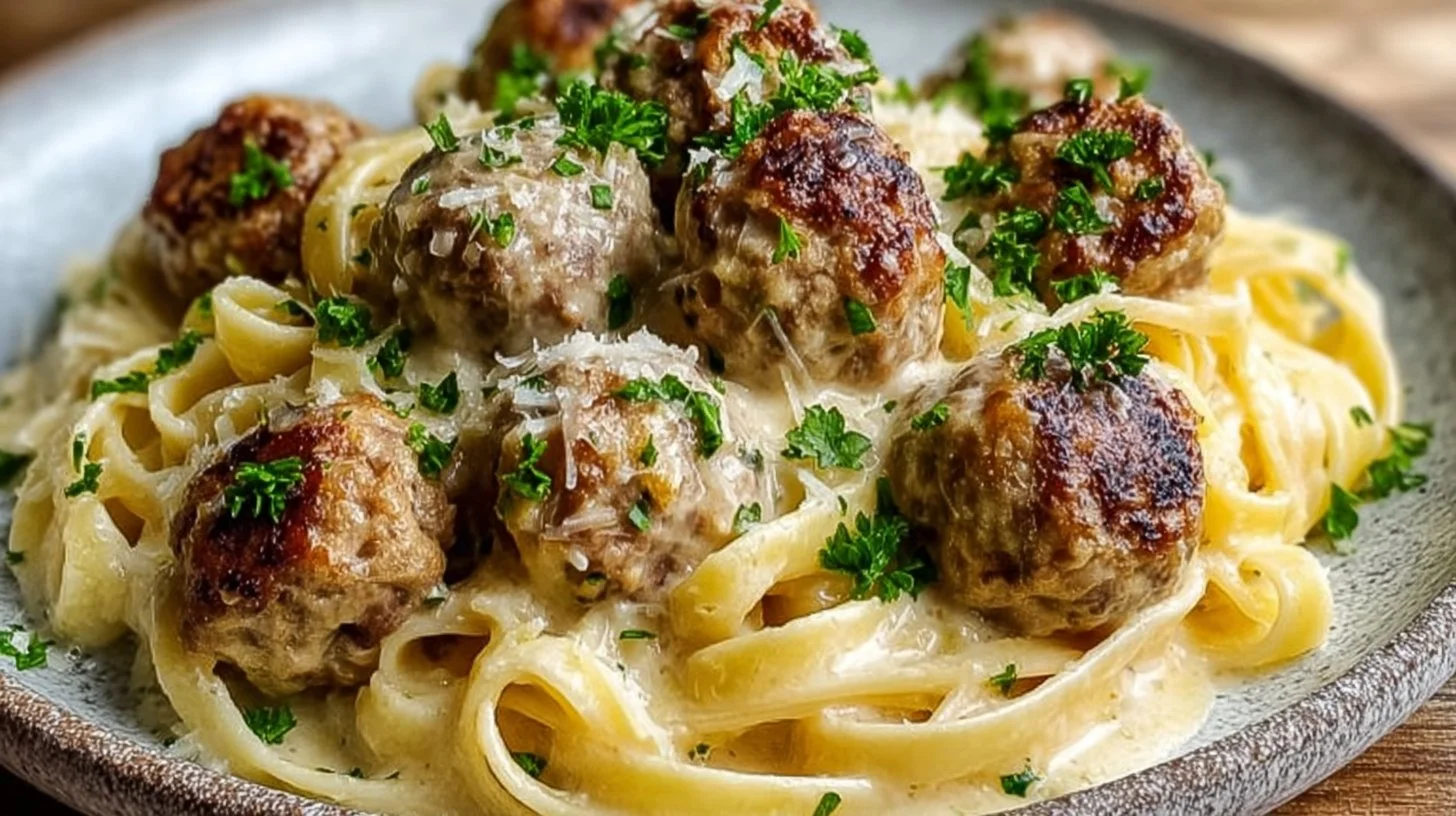 Garlic Butter Meatballs served with Parmesan Linguine