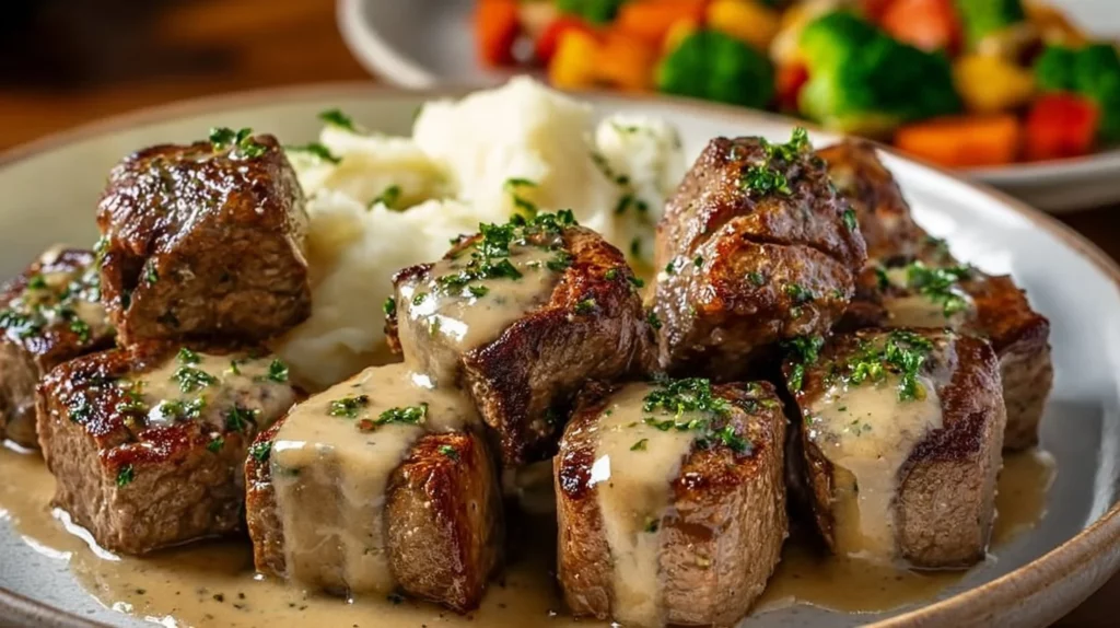 Juicy garlic butter steak bites garnished and ready to serve.