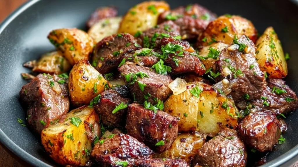 Garlic Butter Steak Bites served with crispy potatoes on a plate