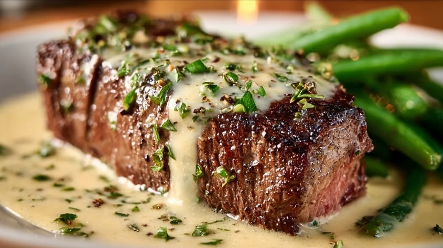 Garlic Butter Steak topped with rich Parmesan Cream Sauce