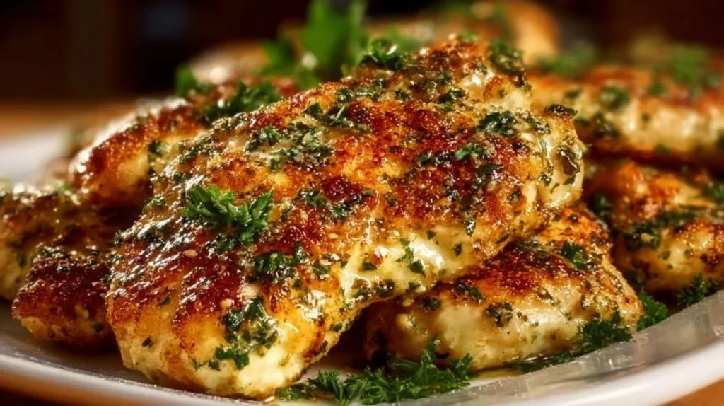 Delicious Garlic Parmesan Chicken served with herbs and fresh vegetables.