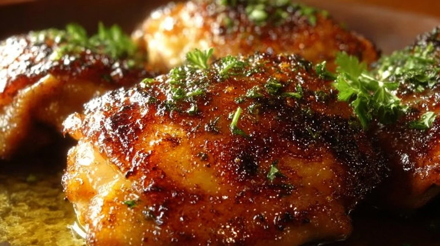 Garlic Parmesan Chicken Thighs garnished with herbs on a plate