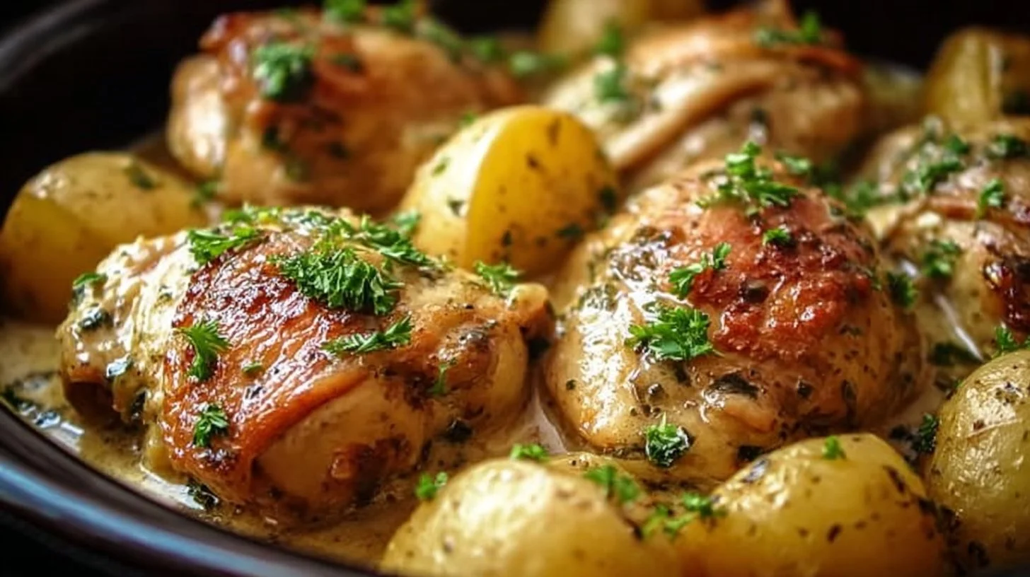 Garlic Parmesan Chicken and Potatoes in a crockpot