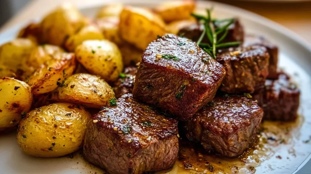 Garlic Steak Bites served with crispy potatoes for a flavorful meal