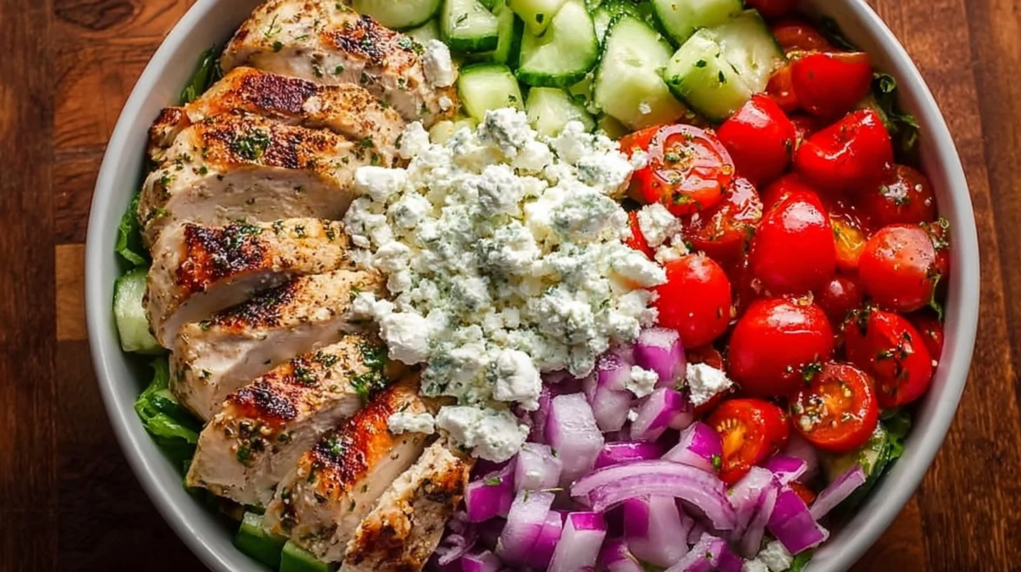 Delicious Greek Chicken Bowls with fresh vegetables and herbs