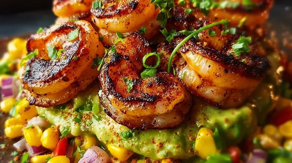 Delicious grilled shrimp bowl with fresh vegetables and ingredients