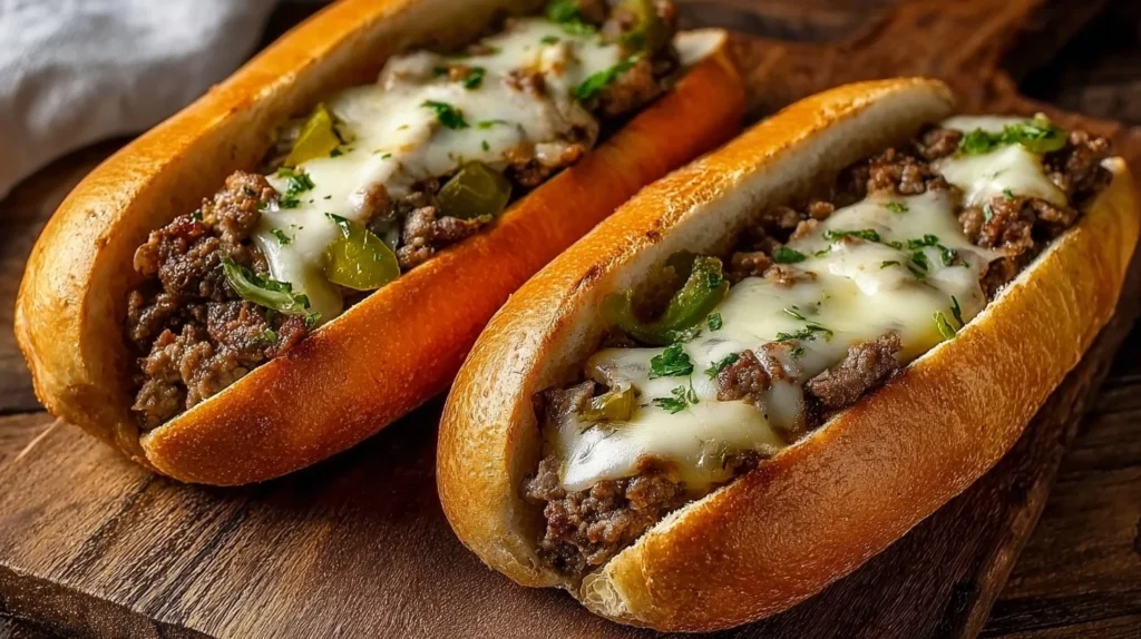Delicious Ground Beef Philly Cheesesteak with melted cheese and fresh toppings.