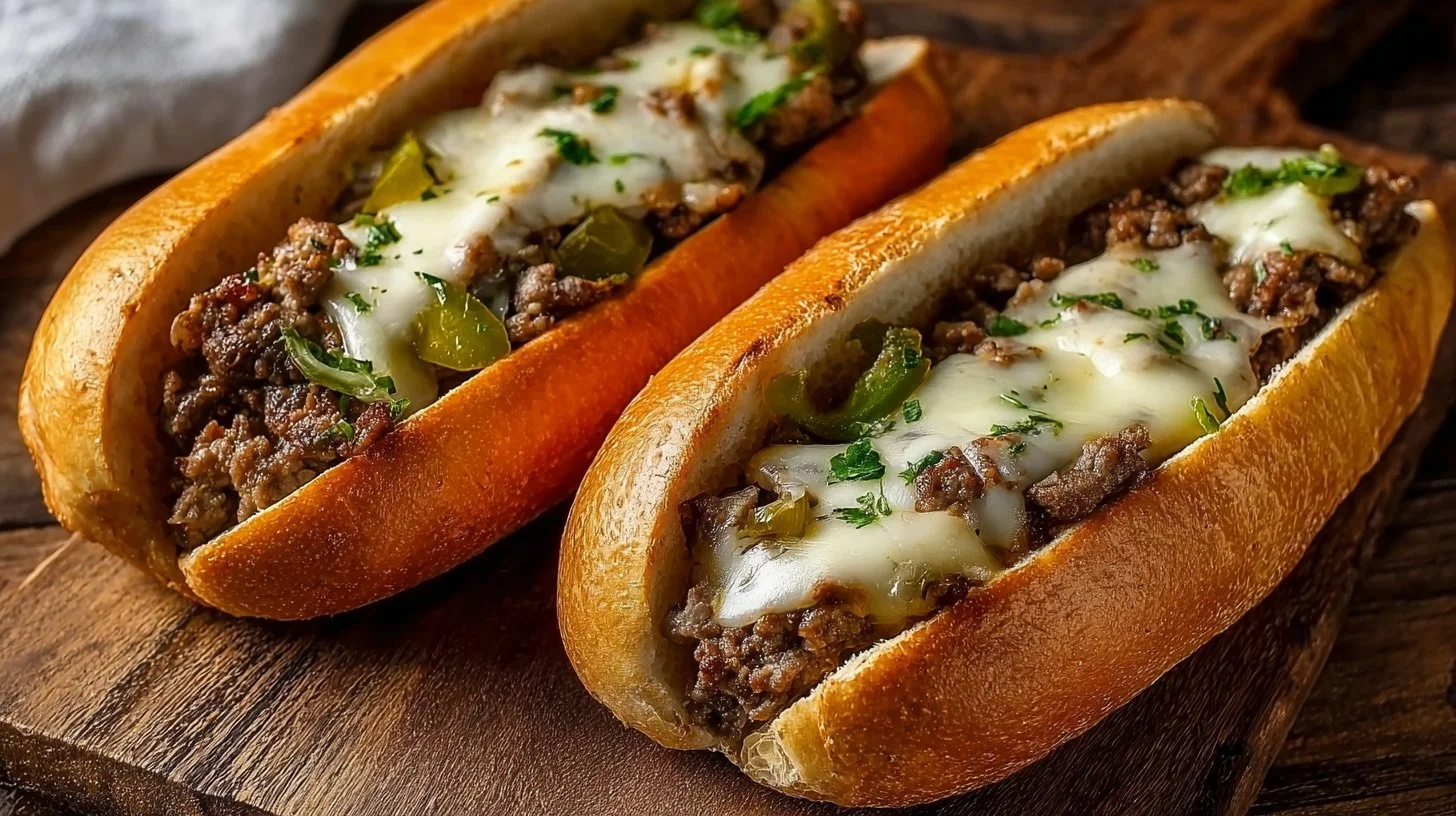 Delicious Ground Beef Philly Cheesesteak with melted cheese and fresh toppings.