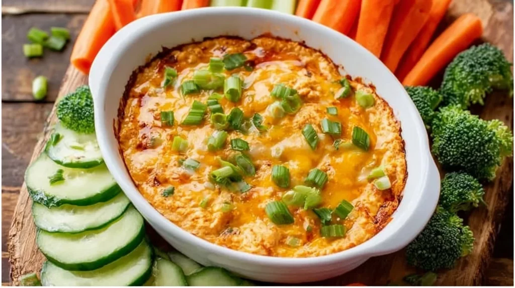 Healthy buffalo chicken dip served in a bowl with celery and chips