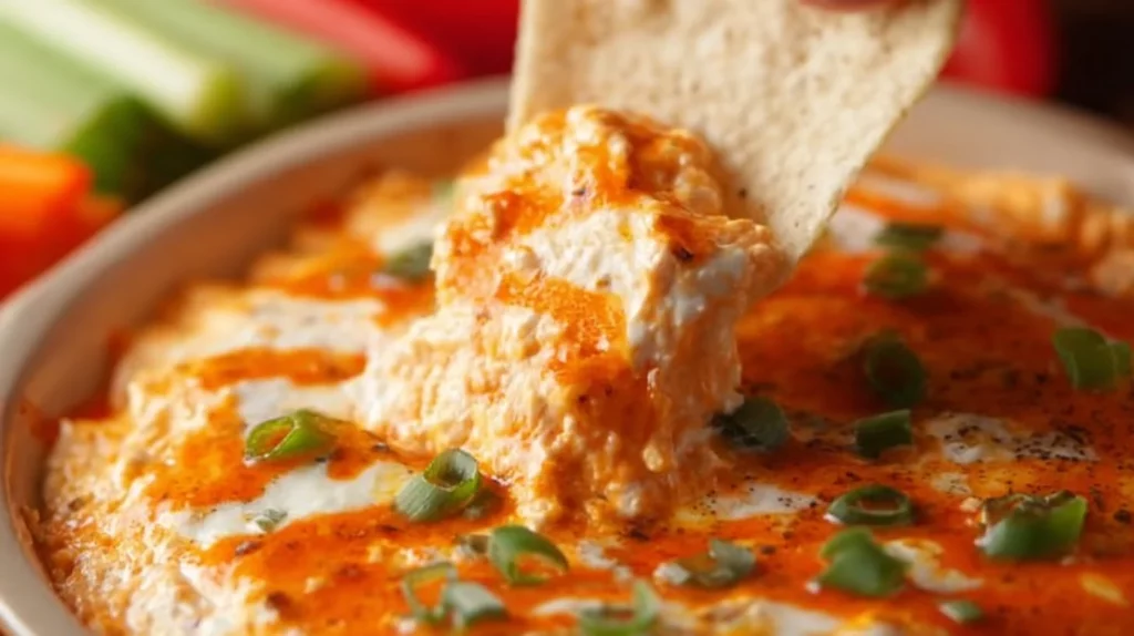 Healthy Cottage Cheese Buffalo Chicken Dip served in a bowl with fresh vegetables