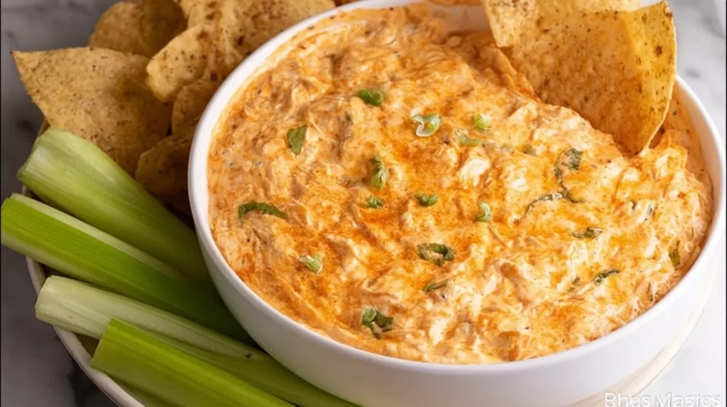 Healthy Greek yogurt buffalo chicken dip served in a bowl with tortilla chips