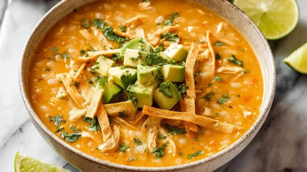 Bowl of healthy high protein white chicken chili topped with cilantro and avocado